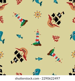 Seamless pattern with pirate ships. Design for fabric, textile, wallpaper, packaging.	