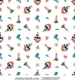 Patrón sin mar con barcos piratas. Diseño para tela, textil, papel pintado, embalaje.	