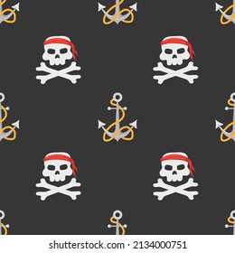 Seamless pattern with pirate skull and anchor on dark background. Childish vector illustration in flat cartoon style. Hand drawn fabric design or package paper.