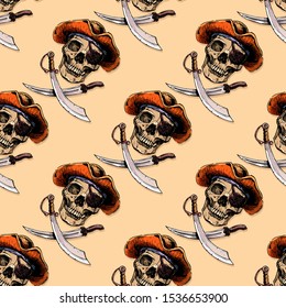 Seamless pattern with pirate skull with  cross swords. Jolly Roger. Vector illustration in vintage engraved style.