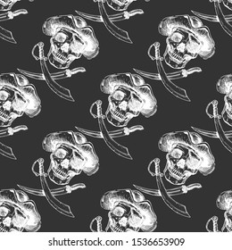 Seamless pattern with pirate skull with  cross swords. Jolly Roger. Vector illustration in vintage engraved style.