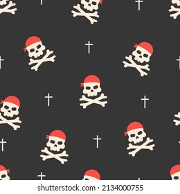 Patrón sin foco con cráneo pirata sobre fondo oscuro. Ilustración vectorial infantil en estilo de dibujos animados planos. Diseño de tejidos dibujados a mano o papel de paquete.
