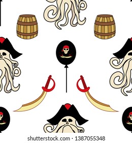 Seamless pattern. Pirate symbols-swords, Davy Jones, octopus, barrels, flag. Party decoration