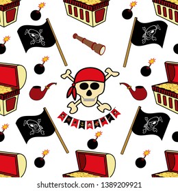Seamless pattern. Pirate symbols-swords, treasure chest, skull and bones, Smoking pipe, flag, hook. Endless background for your design, greeting cards, ads, posters. - Vector illustration