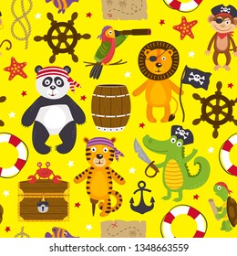 seamless pattern with pirates animals on yellow background - vector illustration, eps