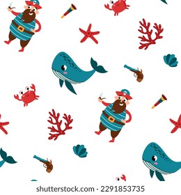 Seamless pattern with pirates, cute whales and crabs. Design for fabric, textile, wallpaper, packaging.