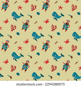 Seamless pattern with pirates, cute whales and crabs. Design for fabric, textile, wallpaper, packaging.	