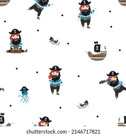 Seamless pattern pirates in different poses with seagulls, ships and jellyfishes. Vector illustration for designs, prints and patterns. Isolated on white background.