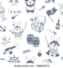 Seamless pattern of pirates hares on a white background. Original graphics for a child's birthday, pirate party
