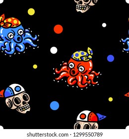 Seamless pattern. Pirates illustration. Octopus in a bandana and a skull in a cap. Cool stickers.