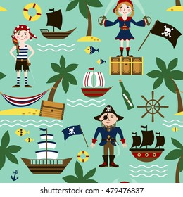 Seamless pattern with pirates, palm trees, treasure chest, fish, ship. Colorful background for the children