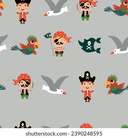 Seamless pattern with pirates, seagales and flag. Vector illustration. 
