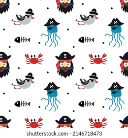 Seamless pattern pirates with seagulls, crabs and jellyfishes. Vector illustration for designs, prints and patterns. Isolated on white background.