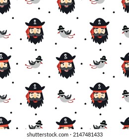 Seamless pattern pirates with seagulls and dots. Vector illustration for designs, prints and patterns. Isolated on white background.