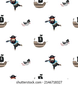 Seamless pattern pirates with seagulls and ships. Vector illustration for designs, prints and patterns. Isolated on white background.