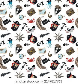 Seamless pattern pirates with ship, seagull, skull, anchor, treasure chest. Vector illustration for designs, prints and patterns. Isolated on white background.