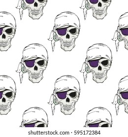 Seamless pattern with pirates skulls on white background. Vector illustration