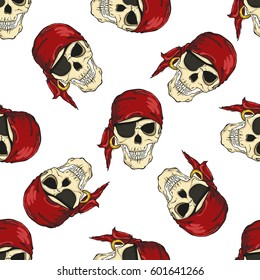 Seamless pattern with pirates skulls on white background. Vector illustration