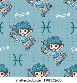 Seamless pattern pisces zodiac cartoon. fishes, animal. Children swimming with fish. Cute character cartoon. Can be arranged in a row, left-right, top-bottom, seamlessly.