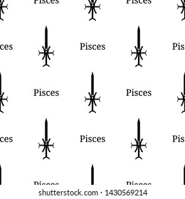 Seamless pattern with pisces zodiac sword sign. Black silhouette of zodiacal weapon. Astrological, horoscope sign.  Vector illustration for design, web, wrapping paper, fabric, wallpaper.