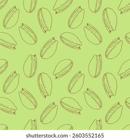 Seamless pattern of pistachio nuts, golden outline of nuts on bright green background, hand drawn sketch.