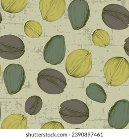 Seamless pattern with pistachio nuts. Hand-drawn colored vector illustration for printing.
