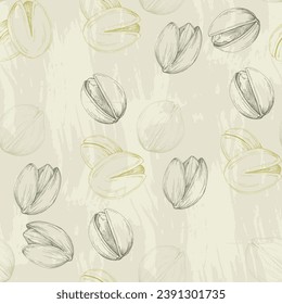 Seamless pattern with pistachio nuts. Hand-drawn colored vector illustration for printing.