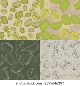 Patrón sin foco con nueces de pistacho. Ilustración vectorial de color dibujada a mano para imprimir.