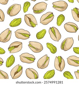 Seamless pattern with pistachio nuts on white background, vector hand-drawn illustration