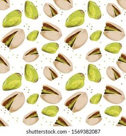 Seamless pattern with pistachios. Green pistachio. Wallpaper, print, wrapping paper, modern textile design, banner, poster, promotion material. Vector illustration.