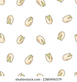 Seamless pattern pistachios icon cartoon doodle. Vector illustration background of snacks salted nuts in a shell.