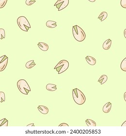 Seamless pattern pistachios icon cartoon doodle. Vector illustration background of snacks salted nuts in a shell.