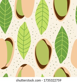 Seamless pattern with pistachios and leaves. Healthy diet. Modern background for packaging, ads, labels and other designs. Hand drawn illustration.