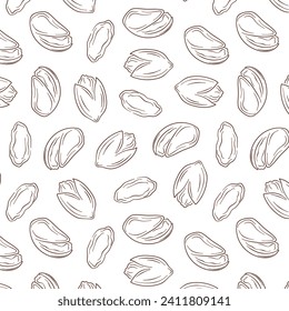 Seamless pattern pistachios in line art style. Hand drawn nuts design for menu, package, food store. Vector illustration on a white background.