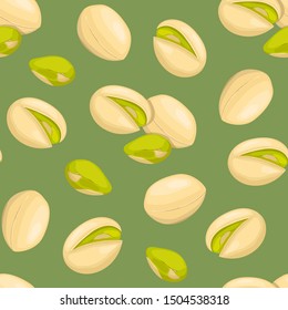 Seamless pattern with pistachios on green background. Food texture.