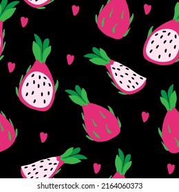 Seamless pattern of pitaya and abstract hearts, summer vector illustration in cartoon style. Pythaya whole, half and quarter. Bright summer pattern on black background. 