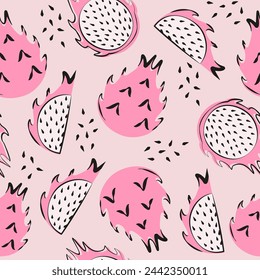 Seamless pattern with pitaya fruit in flat design. Fruit flat minimal vector illustration.
