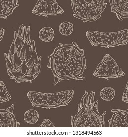 Seamless pattern with pitaya fruit: fruit and pitaya slice. Dragon fruit. Vector hand drawn illustration.