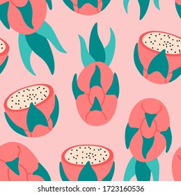 Seamless pattern pitaya hand drawn dragon fruit whole and slices on a pink background, for textile, fabric design or  fresh vegan menu. Vector illustration flat cartoon style. 
