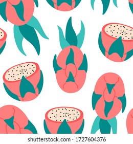 Seamless pattern pitaya hand drawn dragon fruit whole and slices on a white background, for textile, fabric design or  fresh vegan menu. Vector illustration flat cartoon style. 