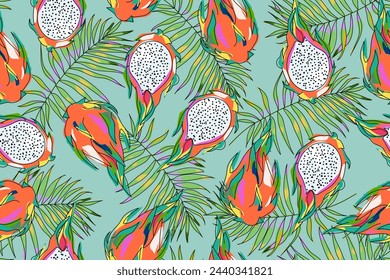 Seamless pattern with pitaya and palm leaves on gray green background. Colorful dragon fruit cut and whole. Tropical pattern. Hand drawn. Cartoon design. Vector illustration.