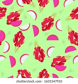 Seamless pattern with pitaya and slices. Vector graphics.