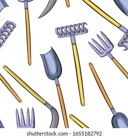 seamless pattern  pitchfork, rake, shovel, scythe for cleaning the garden  vector illustration
