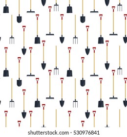 Seamless pattern pitchfork rake shovel spade flat tool icon logo vector illustration. Set farming equipment background. Garden instruments for farm