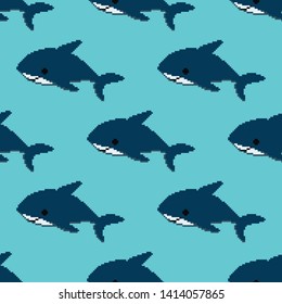 Seamless pattern pixel art blue shark. 8 bit. Pixel fun, cute, cartoon character shark.