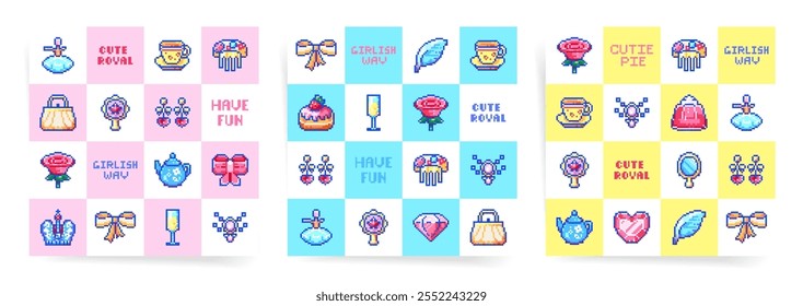 Patrón sin fisuras con los lazos del arte del pixel, las flores, y los accesorios en el Vector rosado pastel, azul, y amarillo de los fondos. Impresión de niña caprichosa.