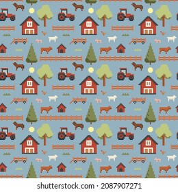 Seamless pattern pixel art farm