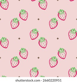 Seamless pattern with pixel art strawberries on a pink background.
