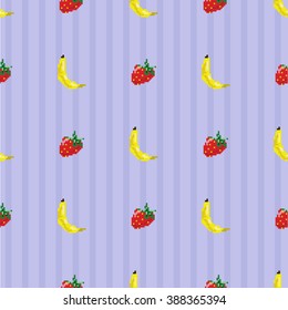 Seamless pattern with pixel art stylized bananas and strawberries on a simple blue striped background