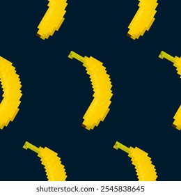 Seamless pattern with pixel bananas on a dark blue background. Funny bright bananas in retro 8 bit video game style for a wallpaper, wrapping paper, textile prints. Pixel art